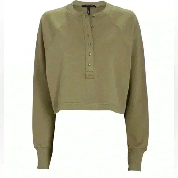 Marissa Webb SO UPTIGHT FRENCH TERRY PLUNGE HENLEY SWEATSHIRT olive green medium - Picture 1 of 12